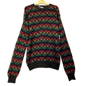 VTG Piccadilly Line Sweater Mens sz XL Tall Colorful Check Cotton Boho Indie